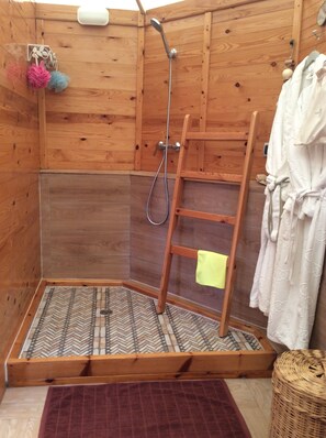 Shower, hair dryer, towels, soap