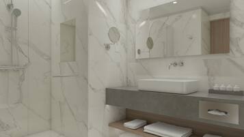 Shower, rainfall showerhead, designer toiletries, hair dryer
