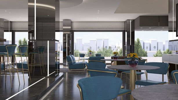 A modern interior with blue chairs and tables, large windows, and a view of buildings outside. - Maralia Hotel (Nicosia)