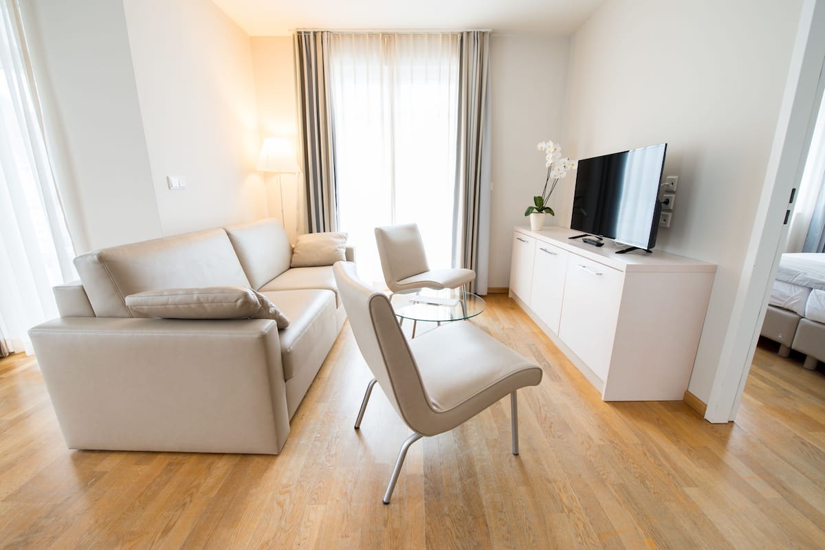 Apartment | Living area | 102-cm flat-screen TV with cable channels, TV, DVD player