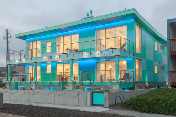 Our building lit up at night