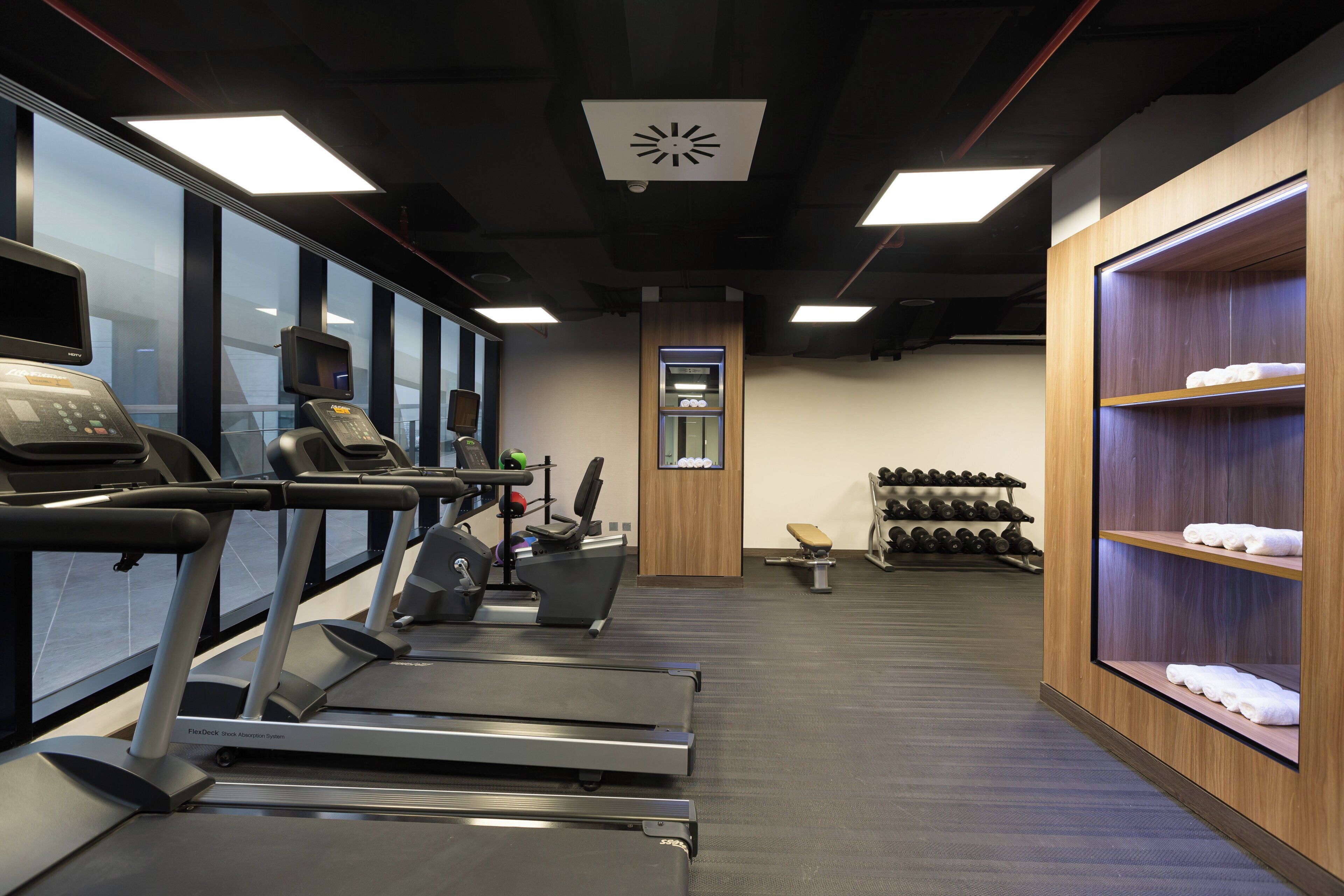 A gym with treadmills, a weight bench, and a rack of dumbbells.