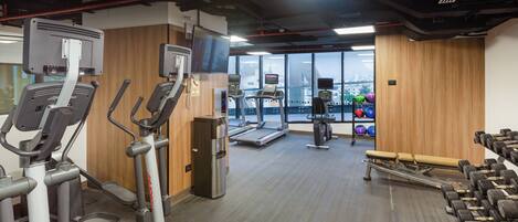 A gym with treadmills, elliptical machines, a water dispenser, and dumbbells.