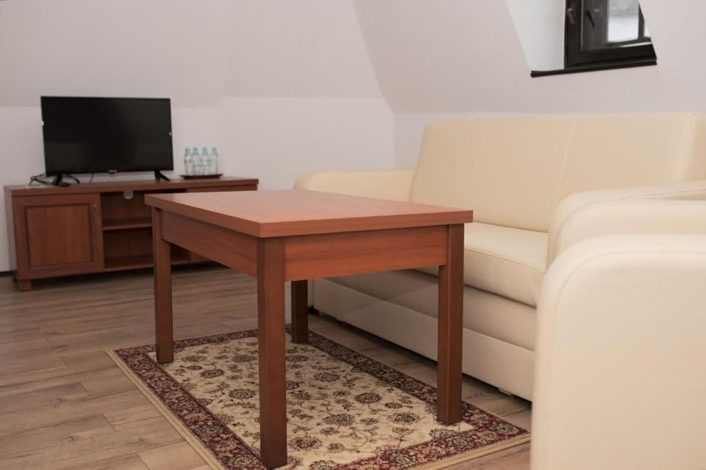A living room with a sofa, a wooden coffee table, a TV on a stand, and a patterned rug.