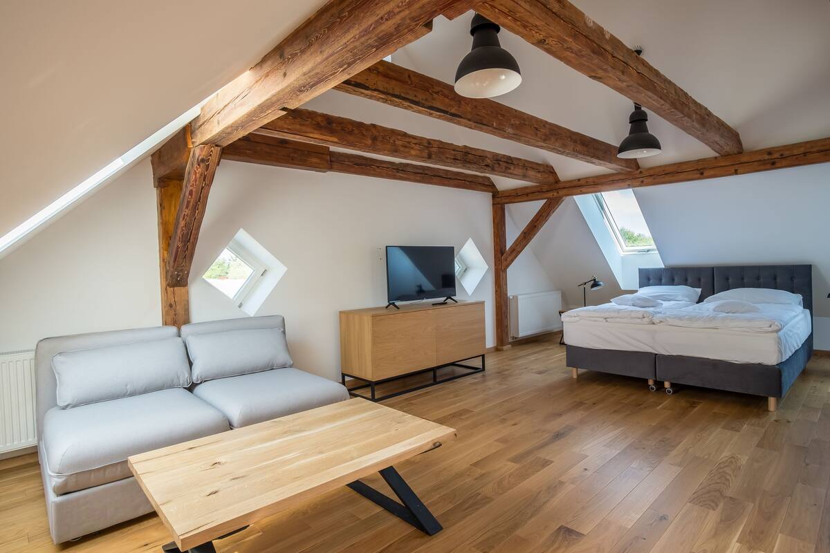 A loft bedroom with a wooden ceiling, a bed, a sofa, a TV, and a table.