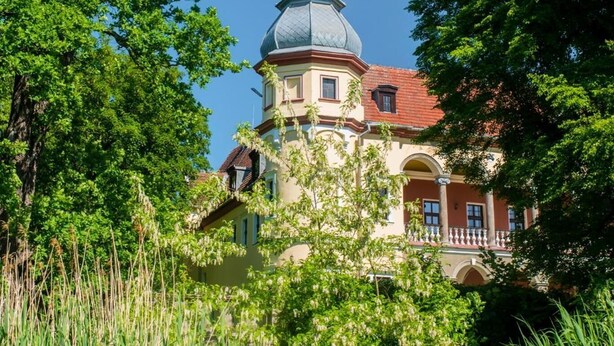 A historic building with a prominent dome and a balcony, surrounded by lush greenery. - Oficyna przy Pałacu Krobielowice (Katy Wroclawskie)
