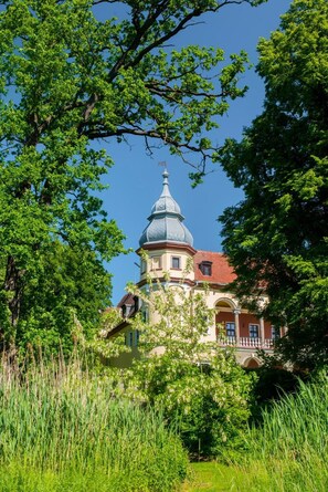 A historic building with a prominent dome and a balcony, surrounded by lush greenery. - Oficyna przy Pałacu Krobielowice (Katy Wroclawskie)