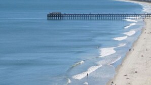 A beach with a pier extending into the ocean, a sandy shoreline, and a few people walking along the beach. - Oceanfront condo w/direct beach access & 180 degree views from your private deck (Garden City Beach)