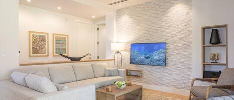 Smart TV, DVD player, music library, stereo