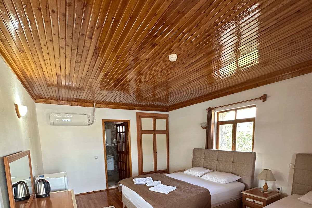 Un dormitorio amplio con una cama grande, una cama individual, una mesita de noche, un tocador, un espejo y un techo de madera.