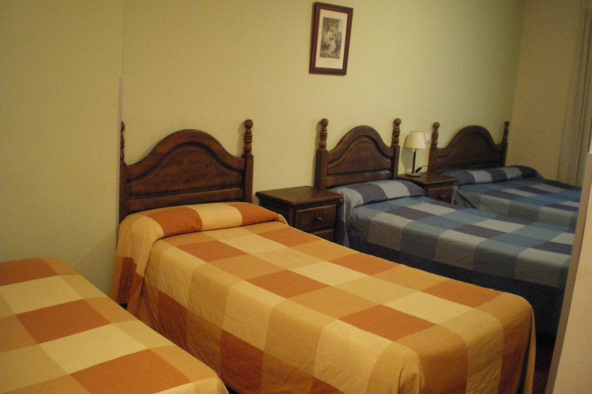 A hotel room with three single beds, each with a wooden headboard and a checkered bedspread. There is a framed picture on the wall above the beds.