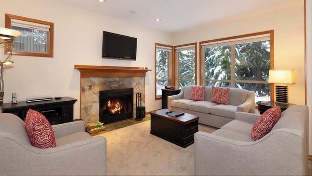 Una sala de estar con chimenea, un juego de sofá, un televisor y un amplio ventanal con vista a árboles.