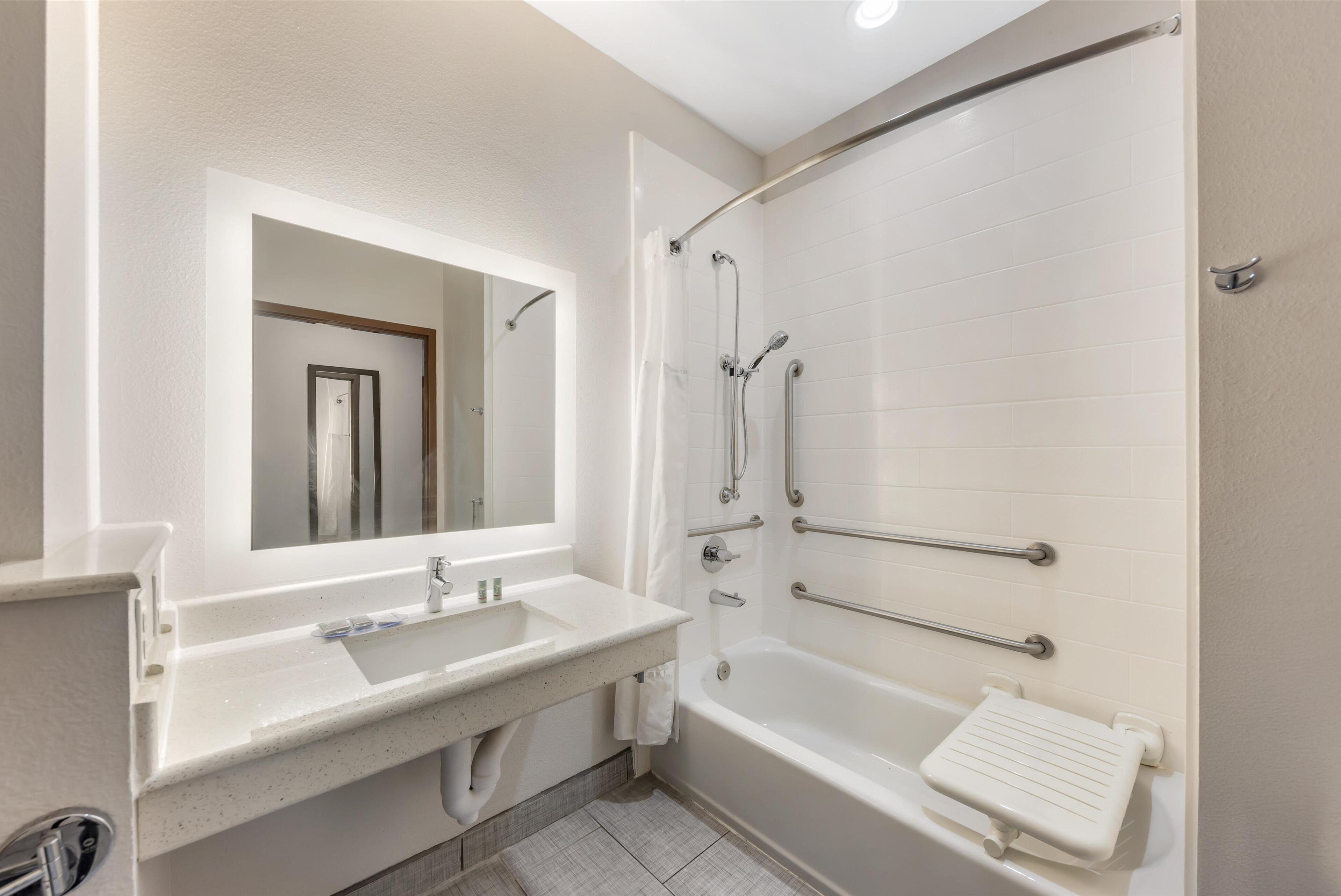 standard room, 1 king bed, accessible, refrigerator & microwave | bathroom | combined shower/bathtub, free toiletries, hair dryer, towels