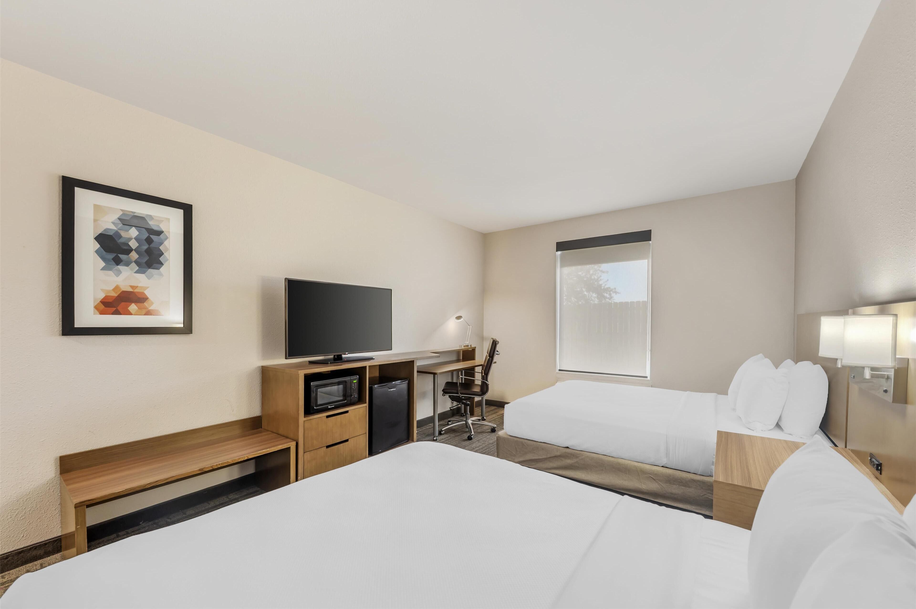 standard room, 2 queen beds, accessible, refrigerator & microwave | 1 bedroom, desk, laptop workspace, blackout curtains