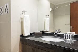 Bathroom features a large sink, sleek countertop, and ample storage.
