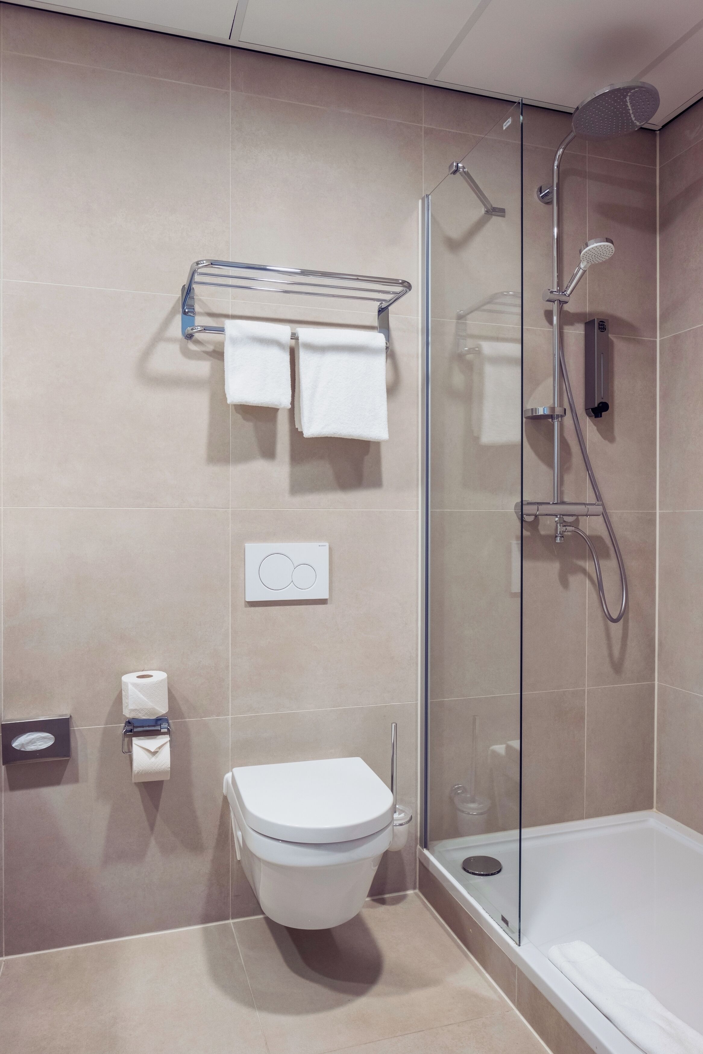 A modern bathroom with a glass-enclosed shower, a toilet, and a towel rack.