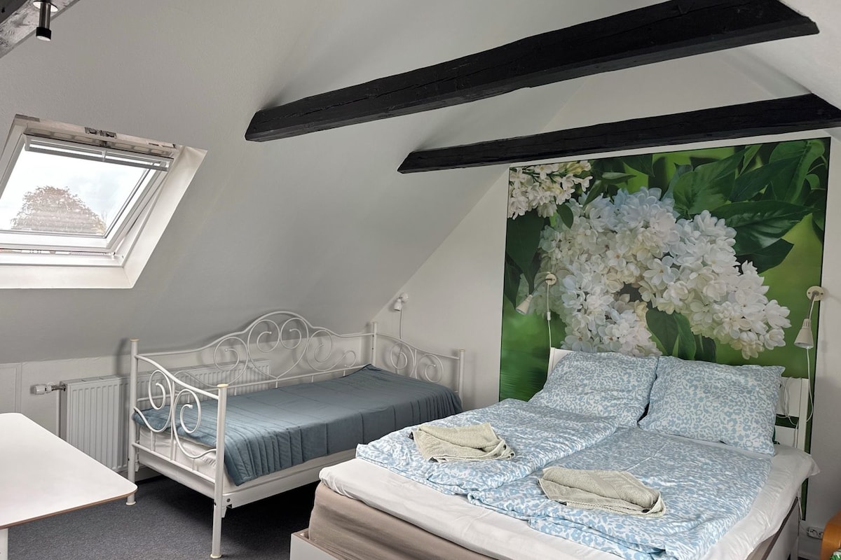 A bedroom with a sloped ceiling, a skylight, a bed with patterned bedding, a smaller bed, and a radiator.