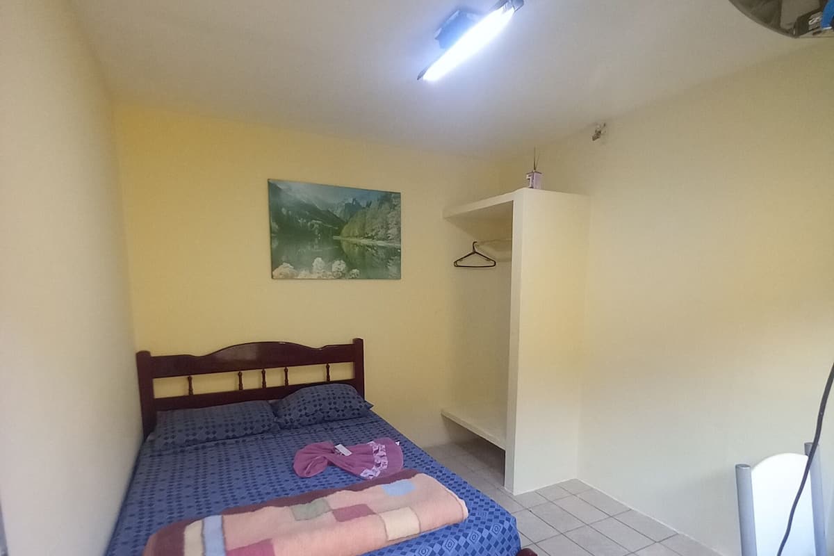 A bedroom with a bed, a hanging light fixture, a painting on the wall, and a wardrobe.