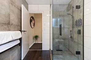 Shower, hair dryer, towels, soap