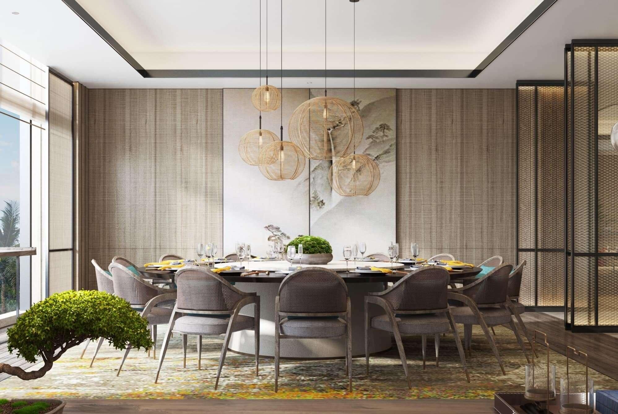 A modern dining room with a round table, multiple chairs, and a large wall art piece.