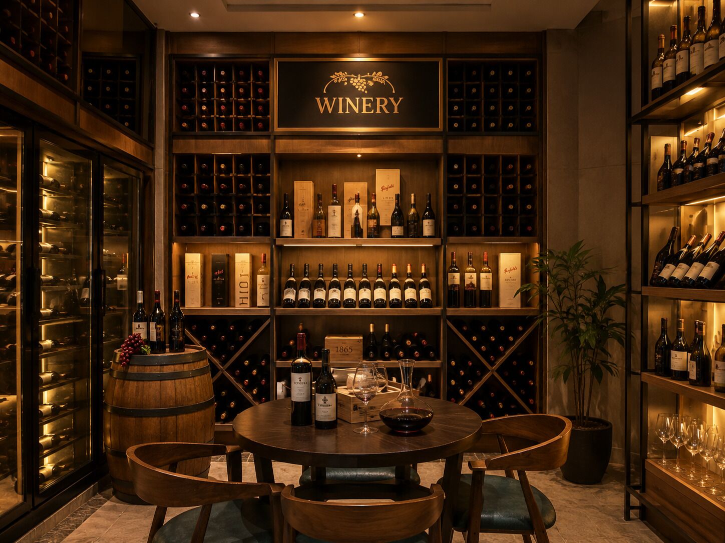 Una cava de vinos con estantes de madera y una mesa con botellas y copas de vino.