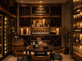 Una cava de vinos con estantes de madera y una mesa con botellas y copas de vino.