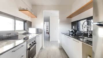 Design Apartment | Private kitchen | Full-sized fridge, microwave, oven, stovetop