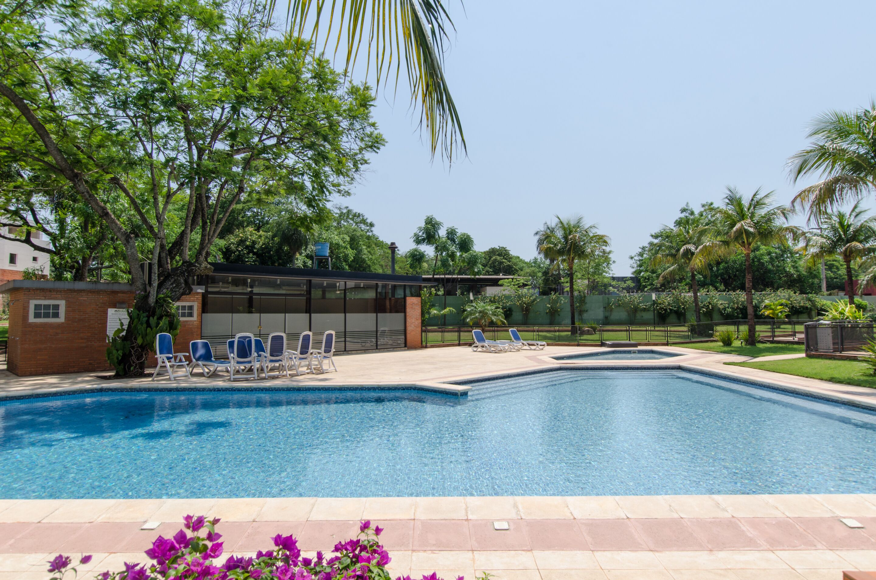 Outdoor pool, pool umbrellas, pool loungers