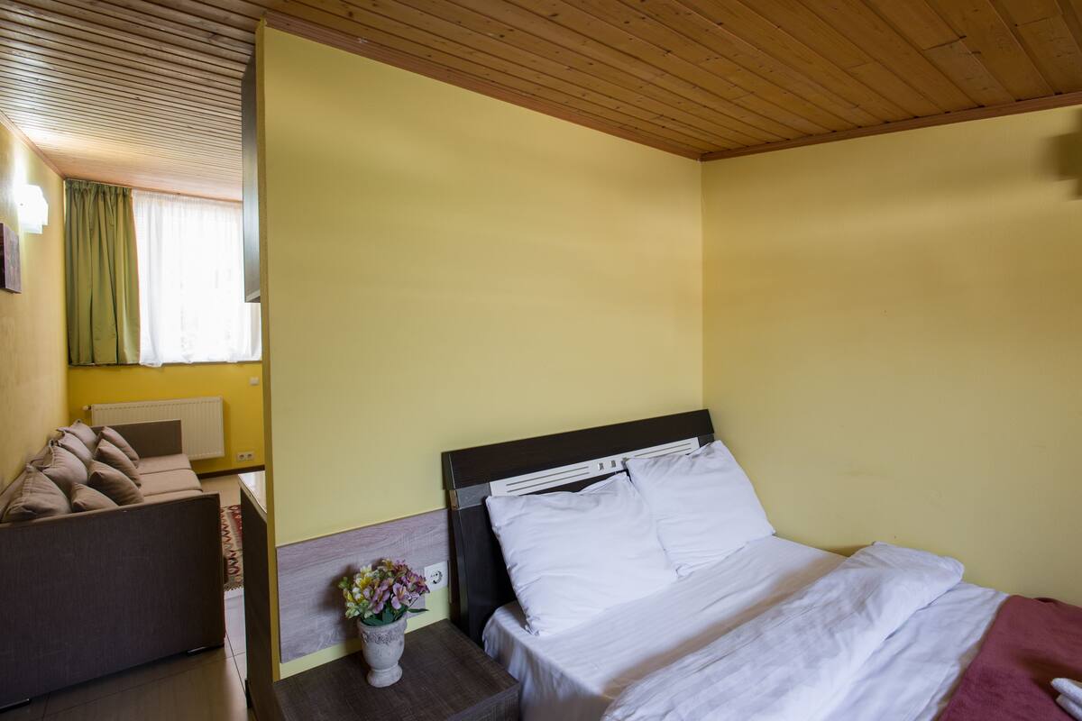 A hotel room with a bed, a sofa, and a nightstand with a vase of flowers.