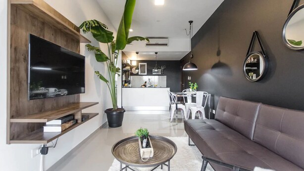 A modern living room with a flat-screen TV, a large potted plant, a round coffee table, and a grey sofa. - Modern 1 BR Apartment (Asunción)