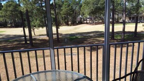 A covered patio with a glass table and a wicker chair, overlooking a grassy area with trees and houses in the background. - 3709 Champions (Sunset Beach)