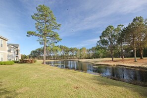 A residential area with a pond, trees, and a house.