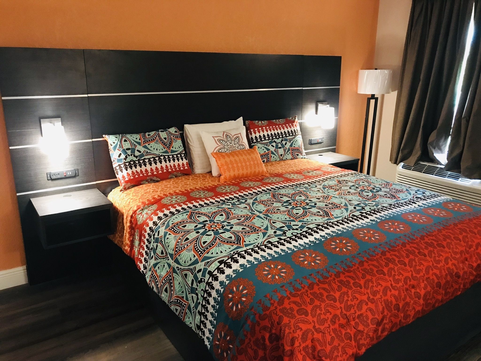 premium bedding, down duvets, desk, blackout curtains