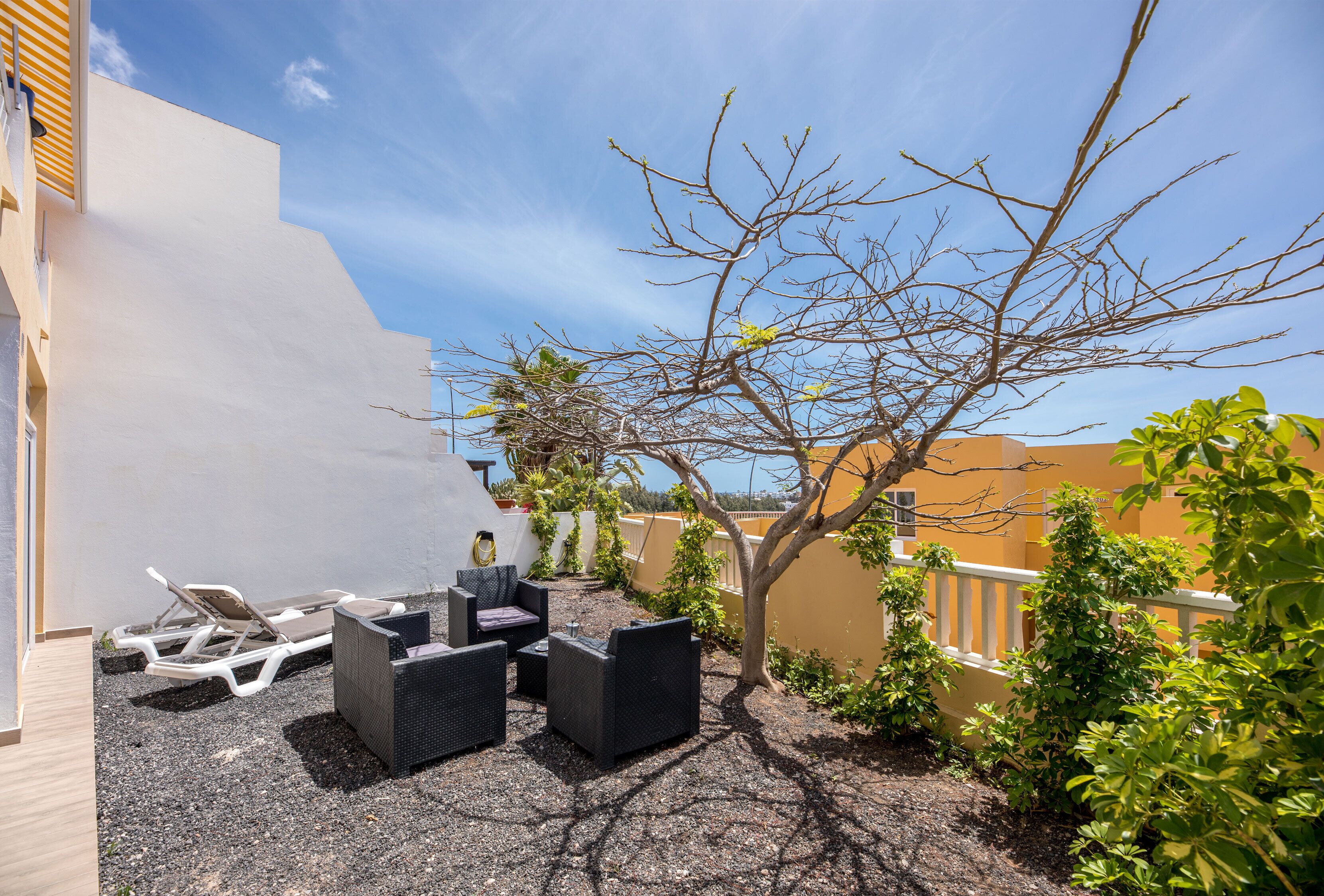 Une terrasse avec des meubles d’extérieur, un arbre et une vue sur le ciel.