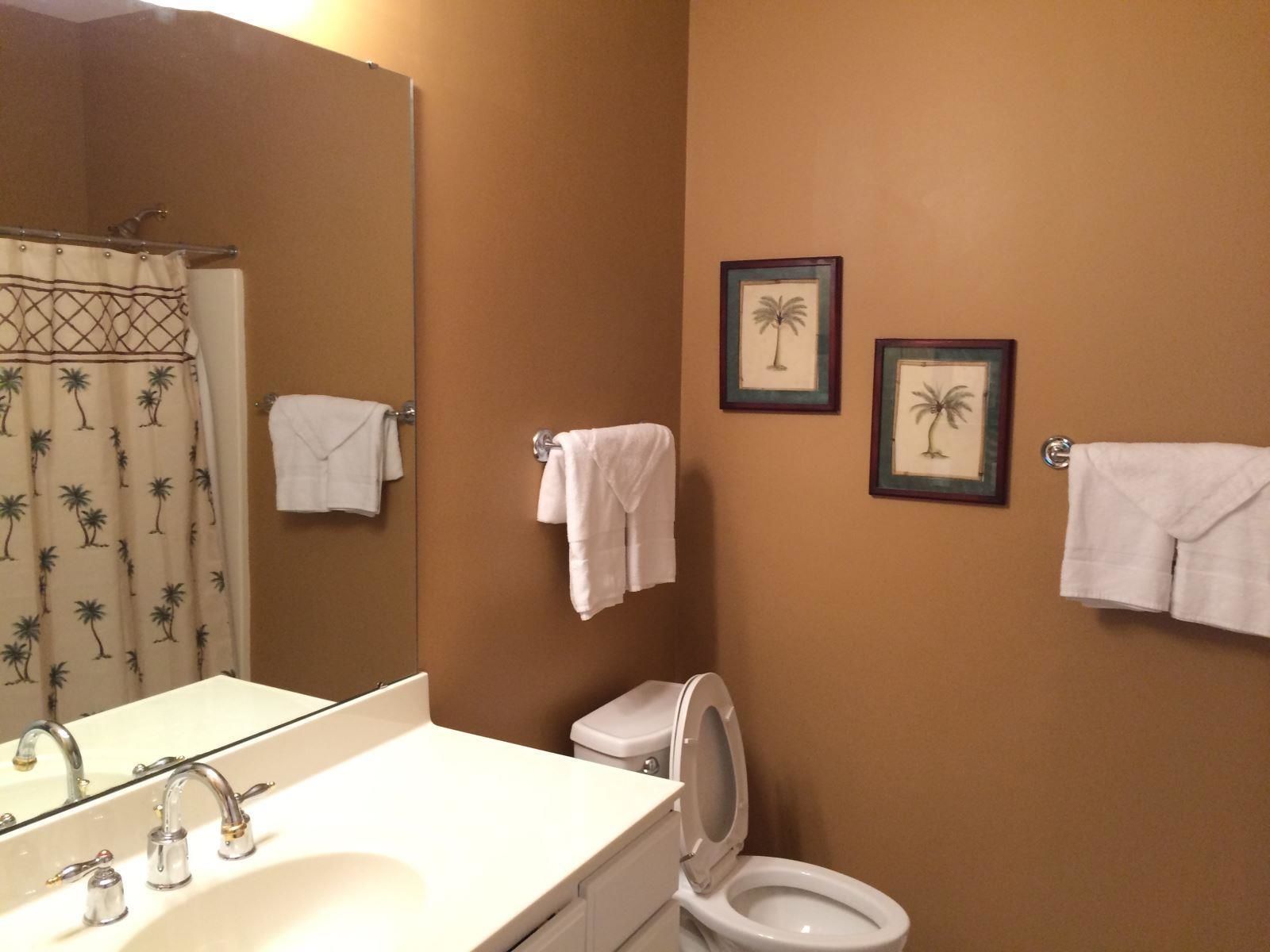 A bathroom with a shower curtain, a sink, a toilet, and two framed pictures on the wall.