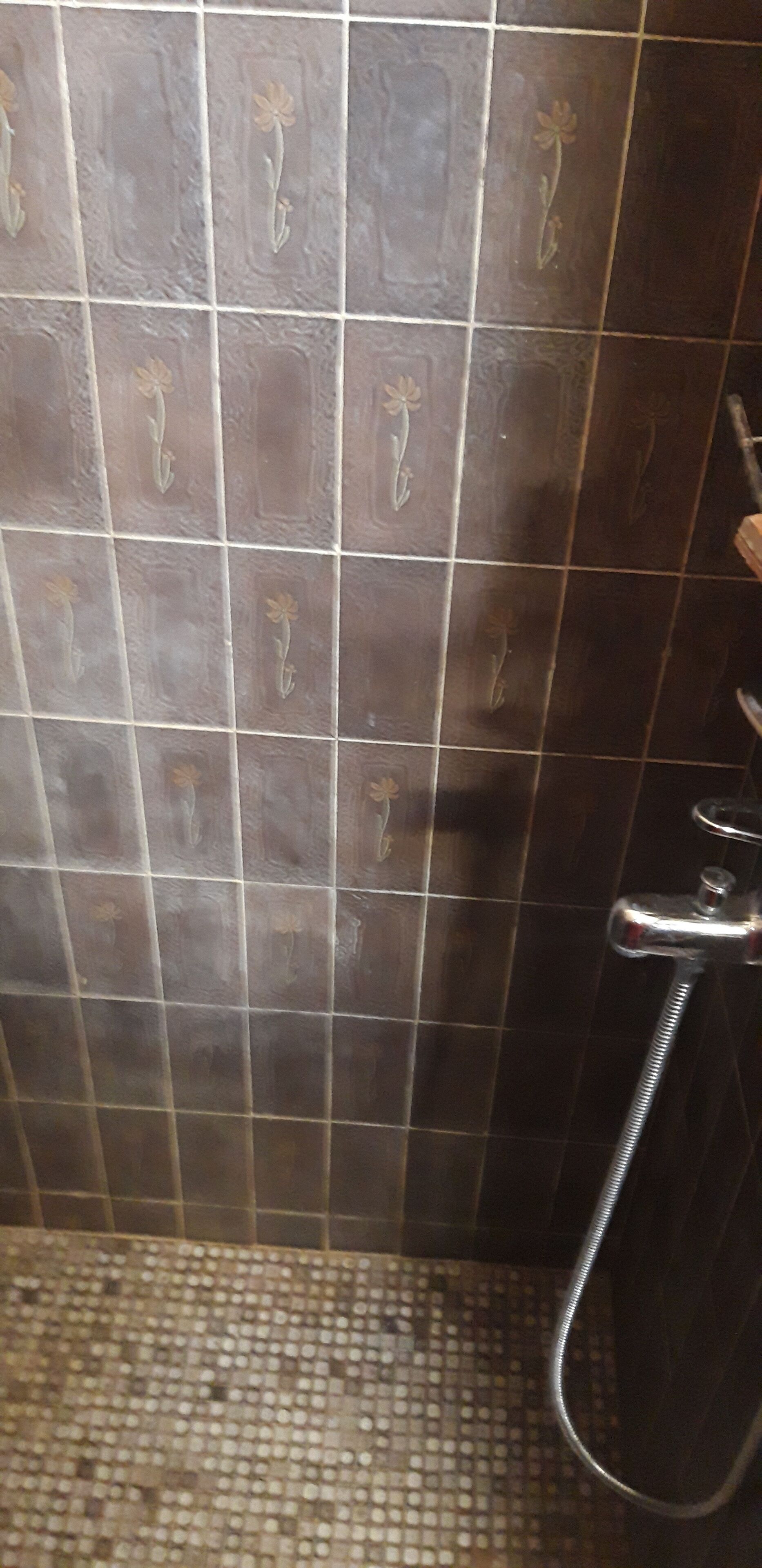 Shower, rainfall showerhead, towels, soap