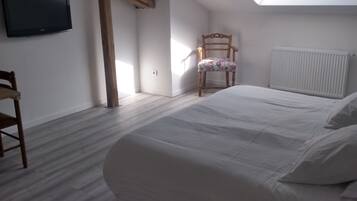 Un dormitorio con tragaluz, una cama, una silla y un televisor.