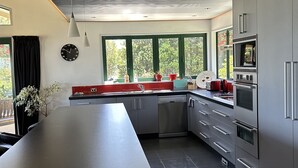 Een moderne keuken met een groot schiereiland, roestvrijstalen apparatuur en uitzicht op groen.