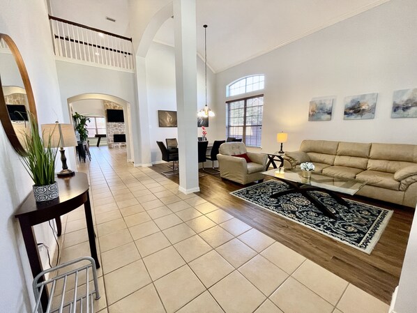 Smart TV, fireplace, foosball, books