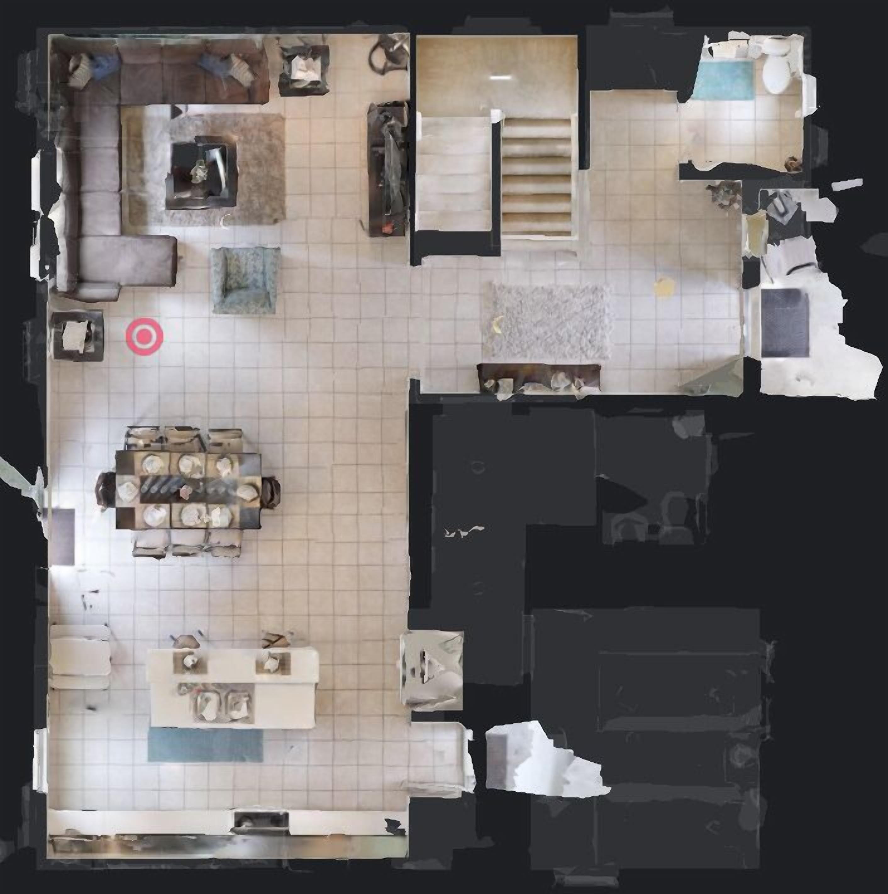 A hotel room layout with a bed, a desk, a chair, a small table, and a sofa.