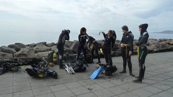 Un grupo de buzos preparando equipo junto a un muelle rocoso.