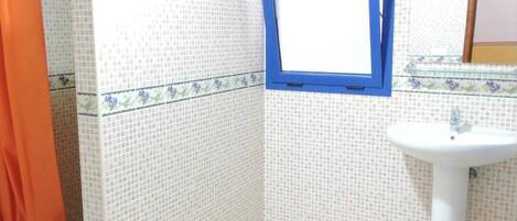 Un baño con ducha, lavabo y espejo.