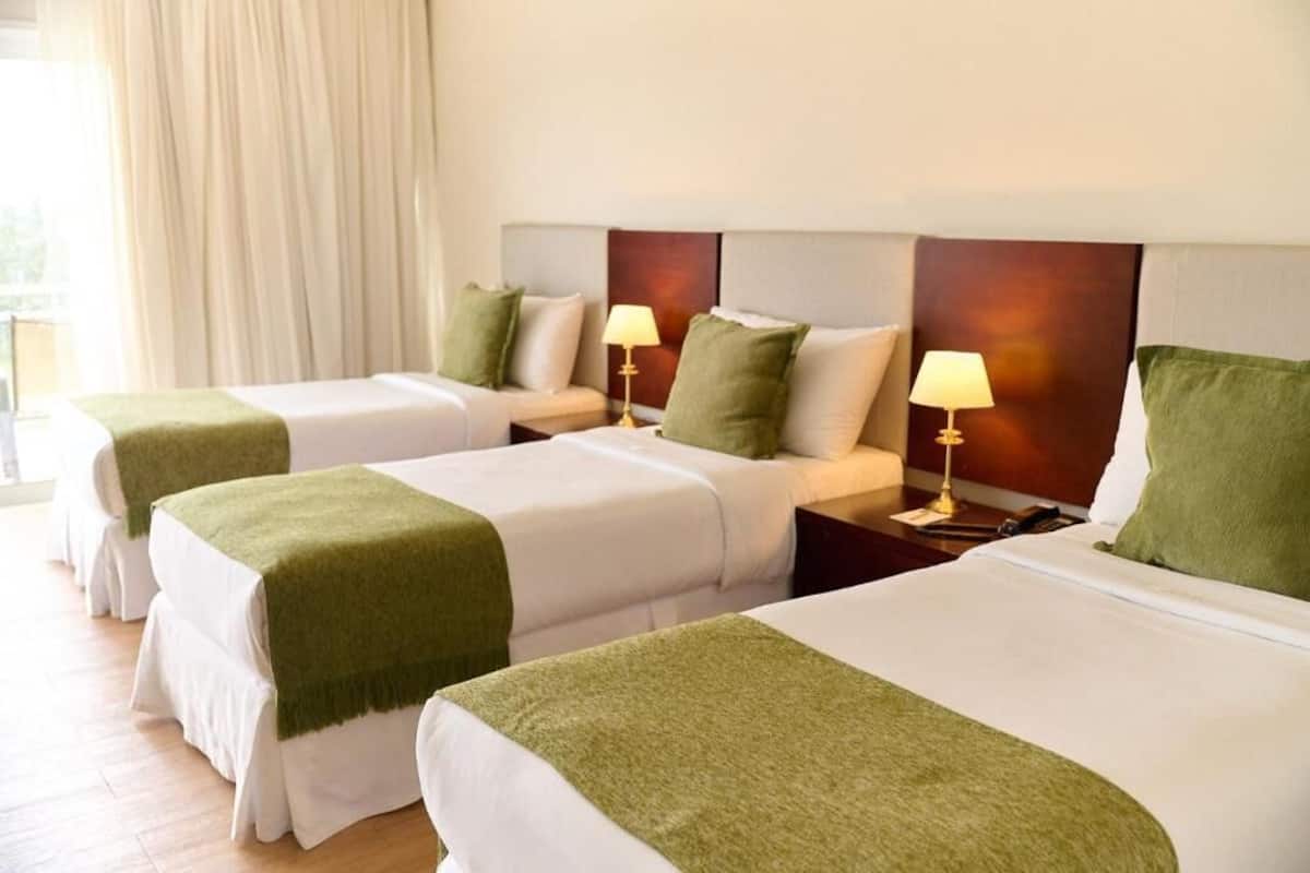 Een hotelkamer met twee bedden, elk met een groene plaid, witte beddengoed en een nachtkastje met een lamp.
