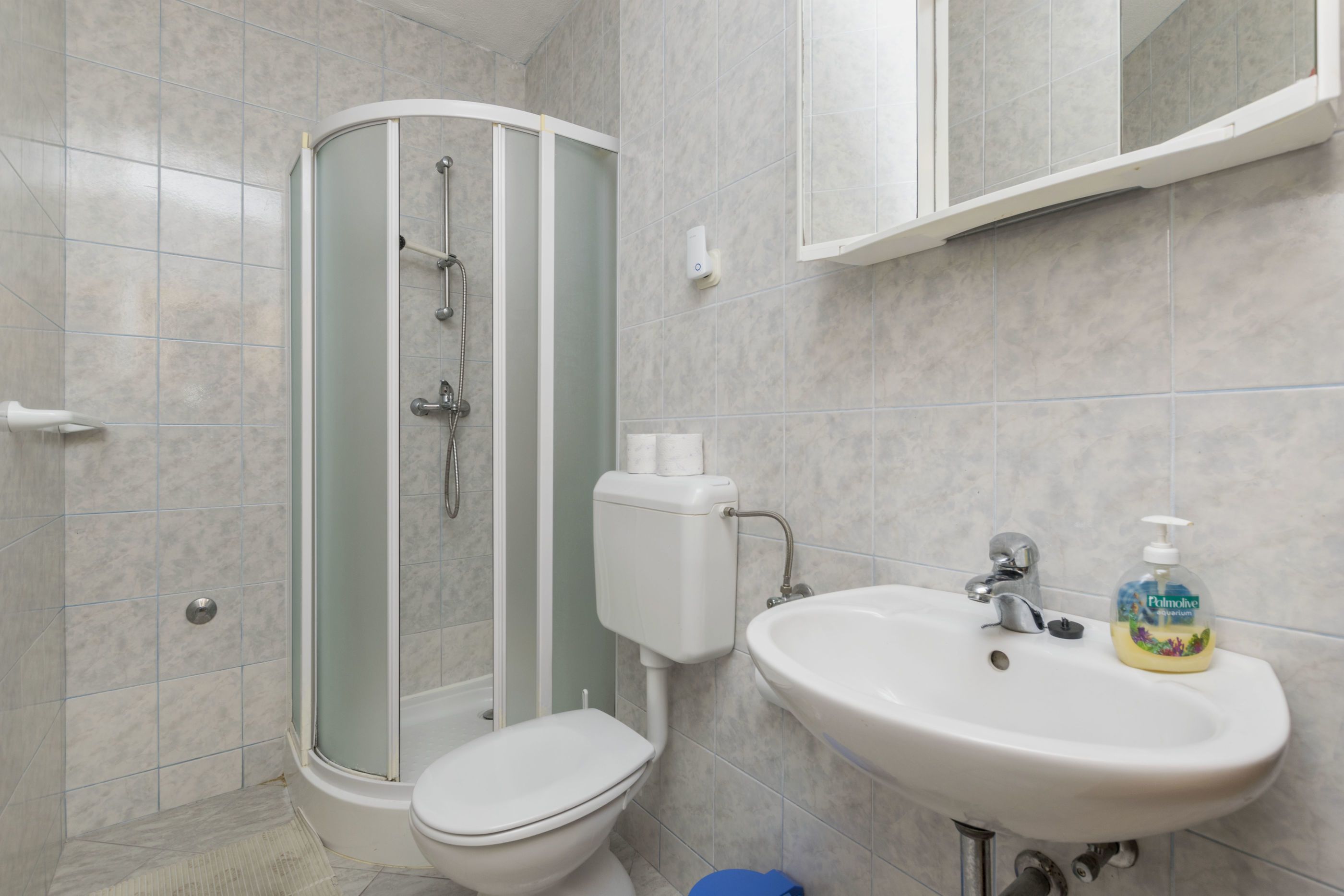 A bathroom with a shower, toilet, sink, and a mirror.