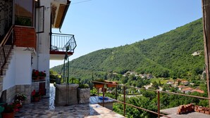 A terrace with a stone floor, potted plants, and a view of a hillside village. - Apartment Marino (Moscenicka Draga)