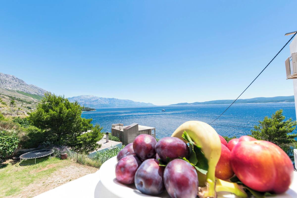 A balcony with a view of the sea and mountains, a plate of fruit, and a small garden area.