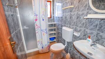 A bathroom with a toilet, sink, and shower area.