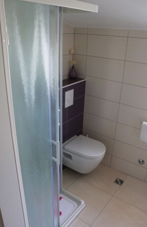 A bathroom with a glass shower enclosure, a white toilet, and a tiled floor.