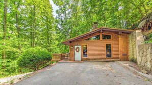 A cabin with a paved driveway, surrounded by dense forest.