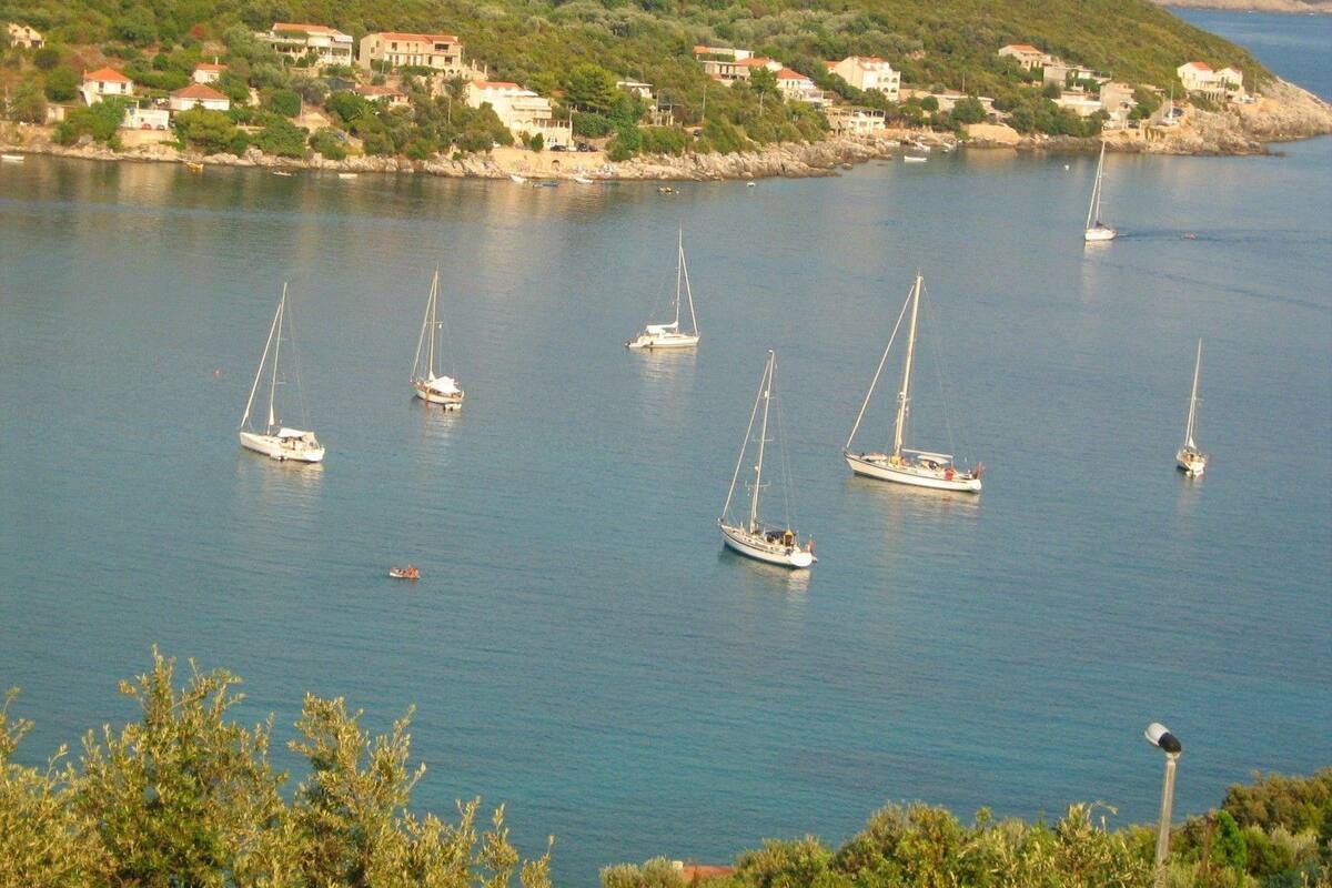 A coastal scene with multiple sailboats on calm waters, surrounded by a hilly landscape with buildings.